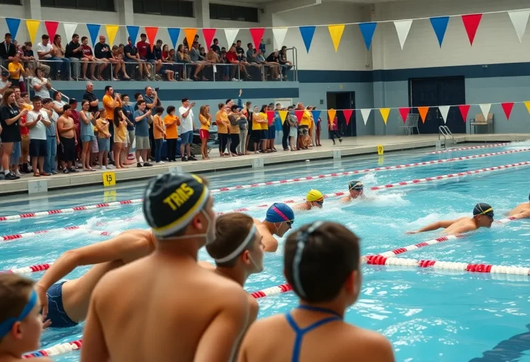 Swimmers and fans at a high school swimming event in Jacksonville