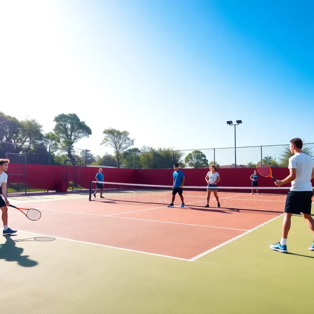Boys tennis team practicing on the court