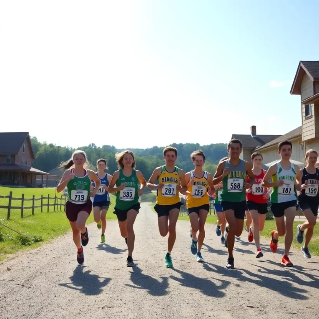 High school cross country athletes training in a scenic outdoor setting.
