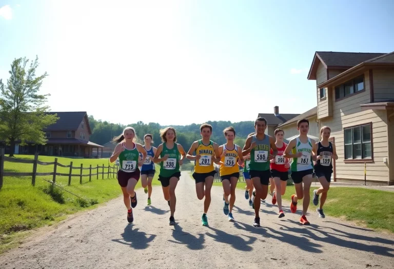 High school cross country athletes training in a scenic outdoor setting.