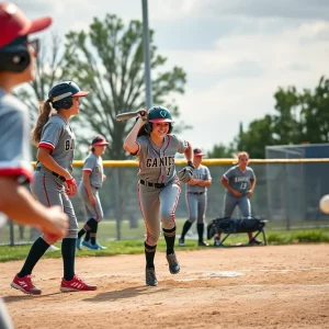 High school softball team competing in a game