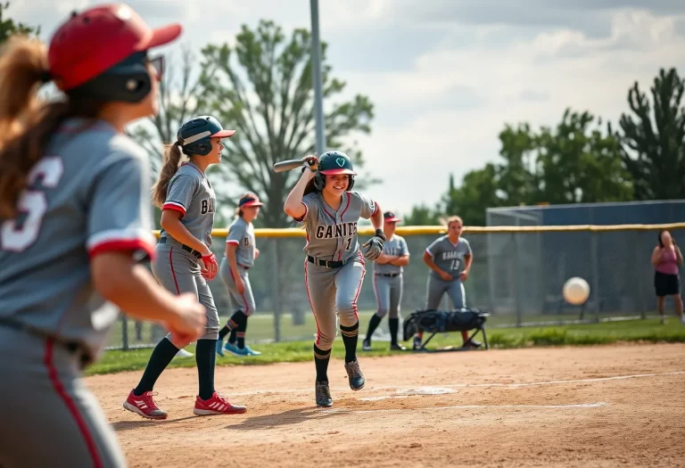 High school softball team competing in a game