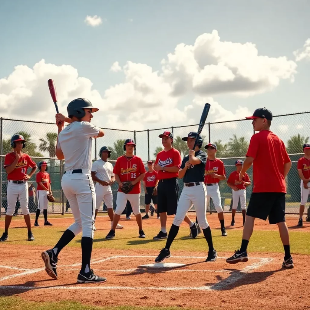 Baseball players training in spring at a sunlit facility