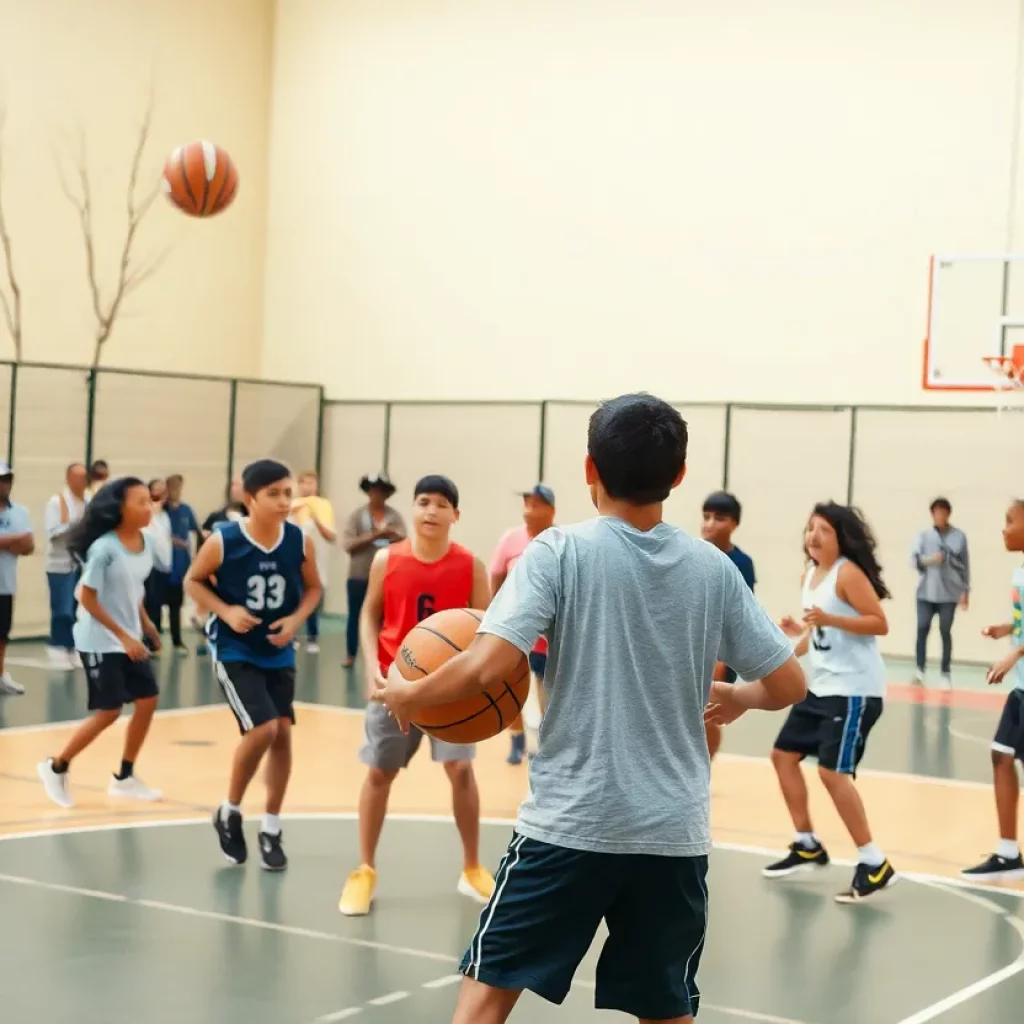 Young basketball players from the Junior Huskies program practicing on the court