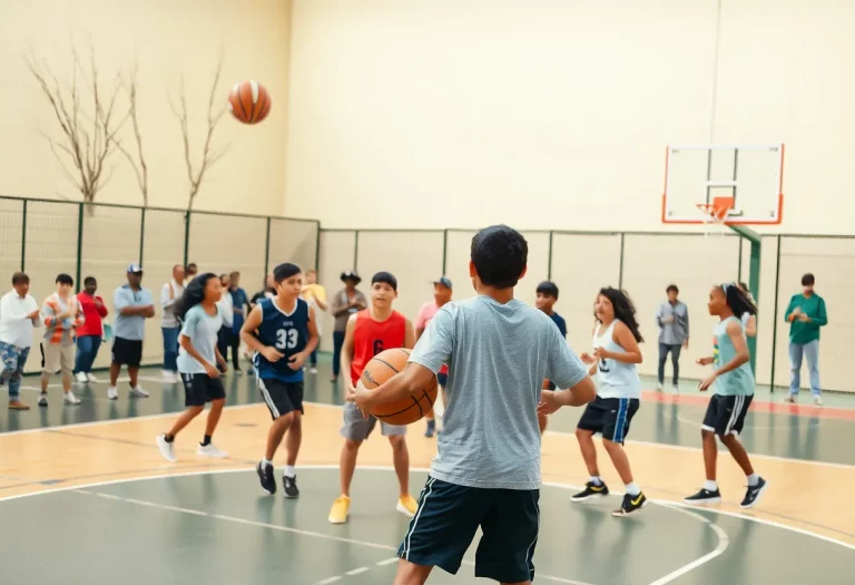Young basketball players from the Junior Huskies program practicing on the court