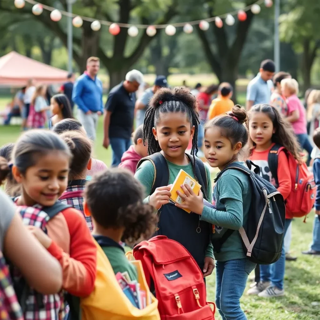 Children receiving backpacks at a community drive event