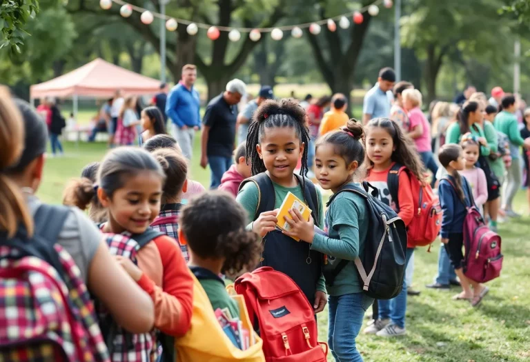 Children receiving backpacks at a community drive event