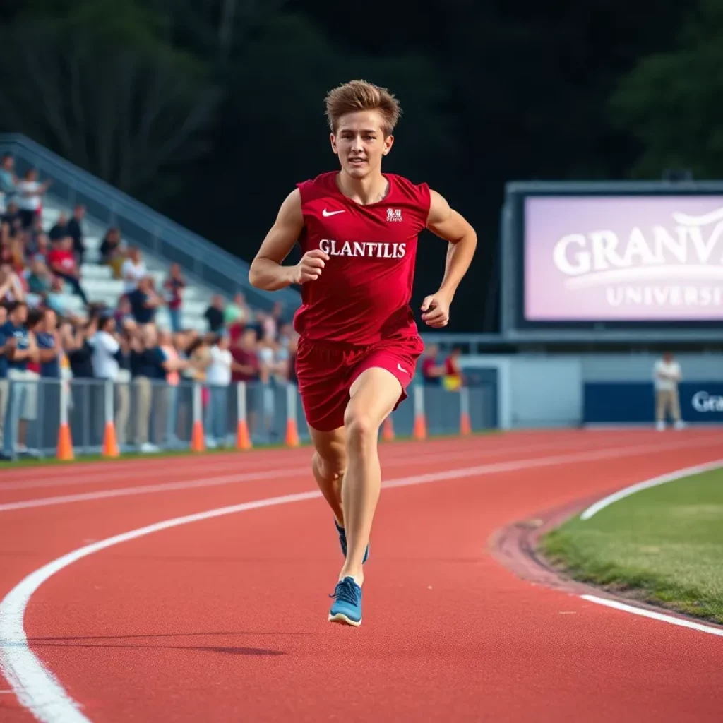 College athlete sprinting on the track with excitement from the crowd.