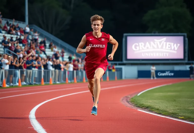 College athlete sprinting on the track with excitement from the crowd.