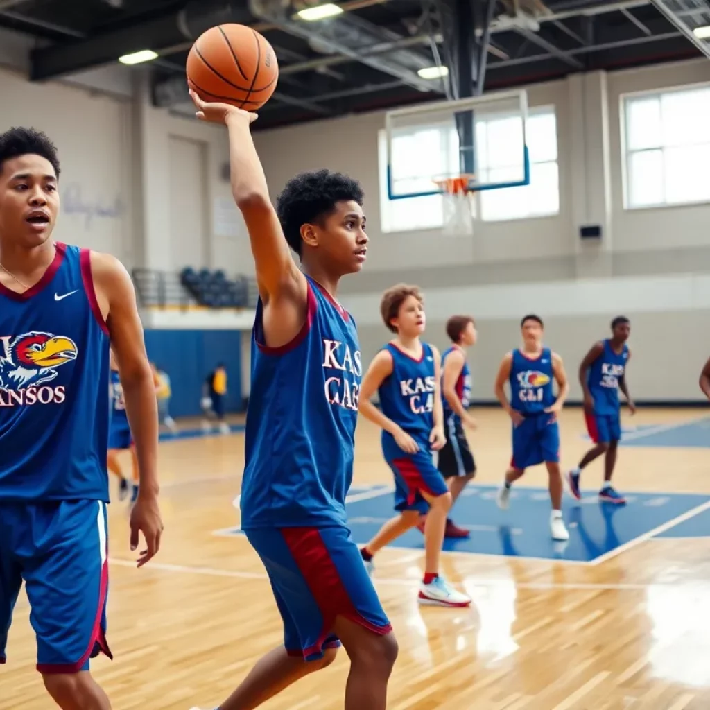 Young basketball players practicing on a court in Kansas colors.