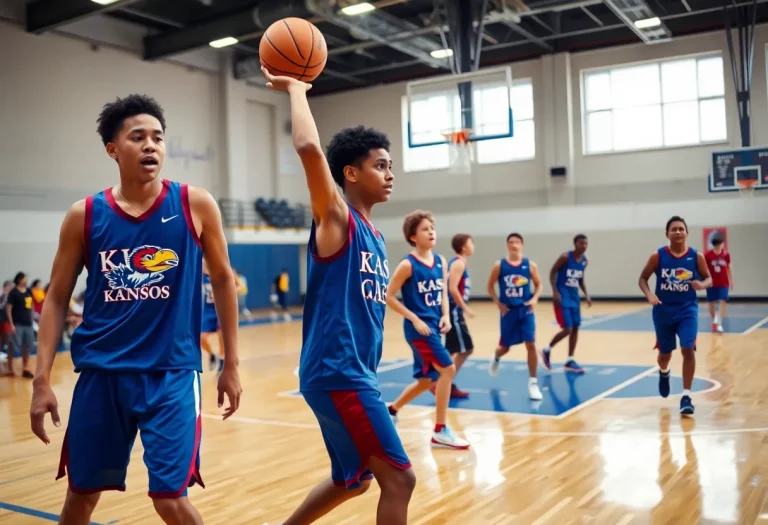 Young basketball players practicing on a court in Kansas colors.