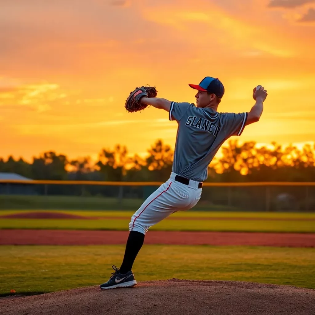 Young pitcher on a baseball field at sunset