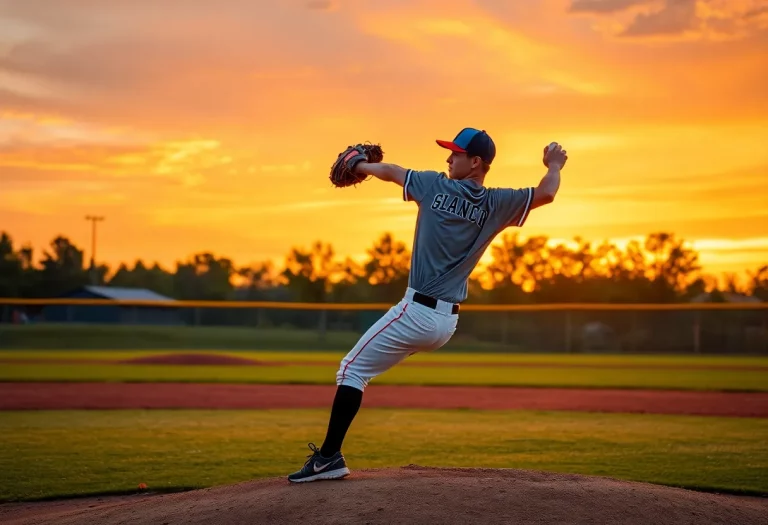 Young pitcher on a baseball field at sunset