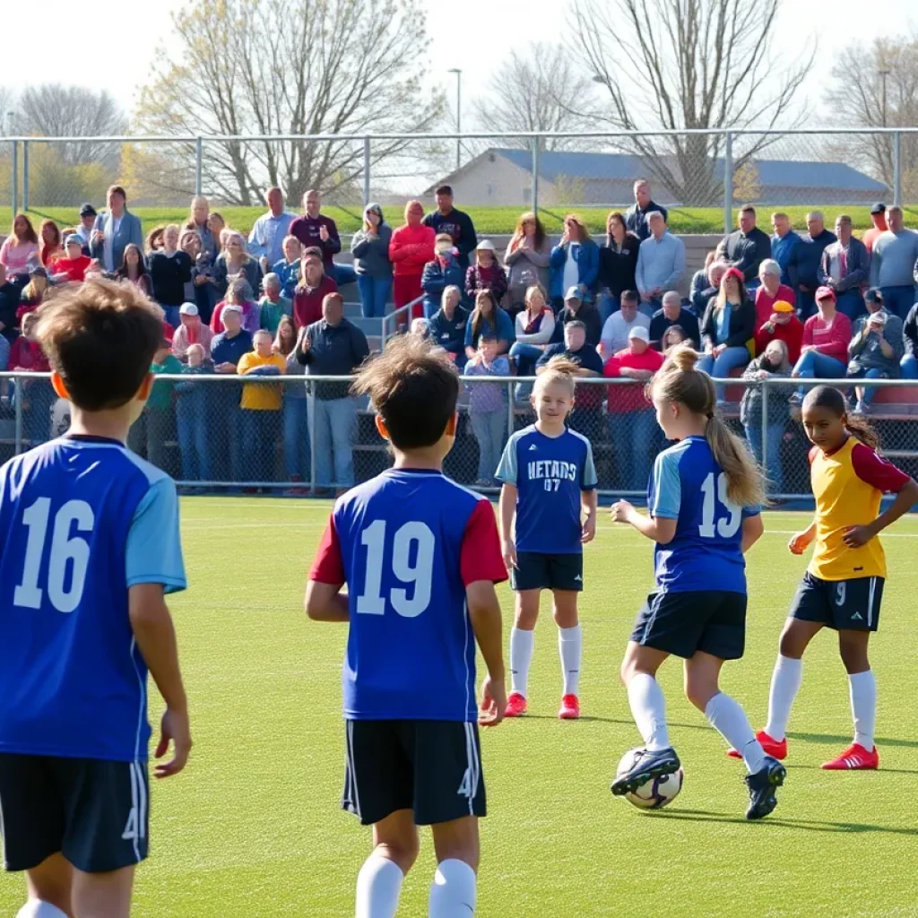 Young athletes practicing soccer on a field with fans in the background.