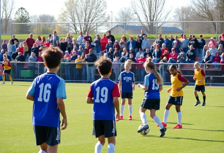 Young athletes practicing soccer on a field with fans in the background.