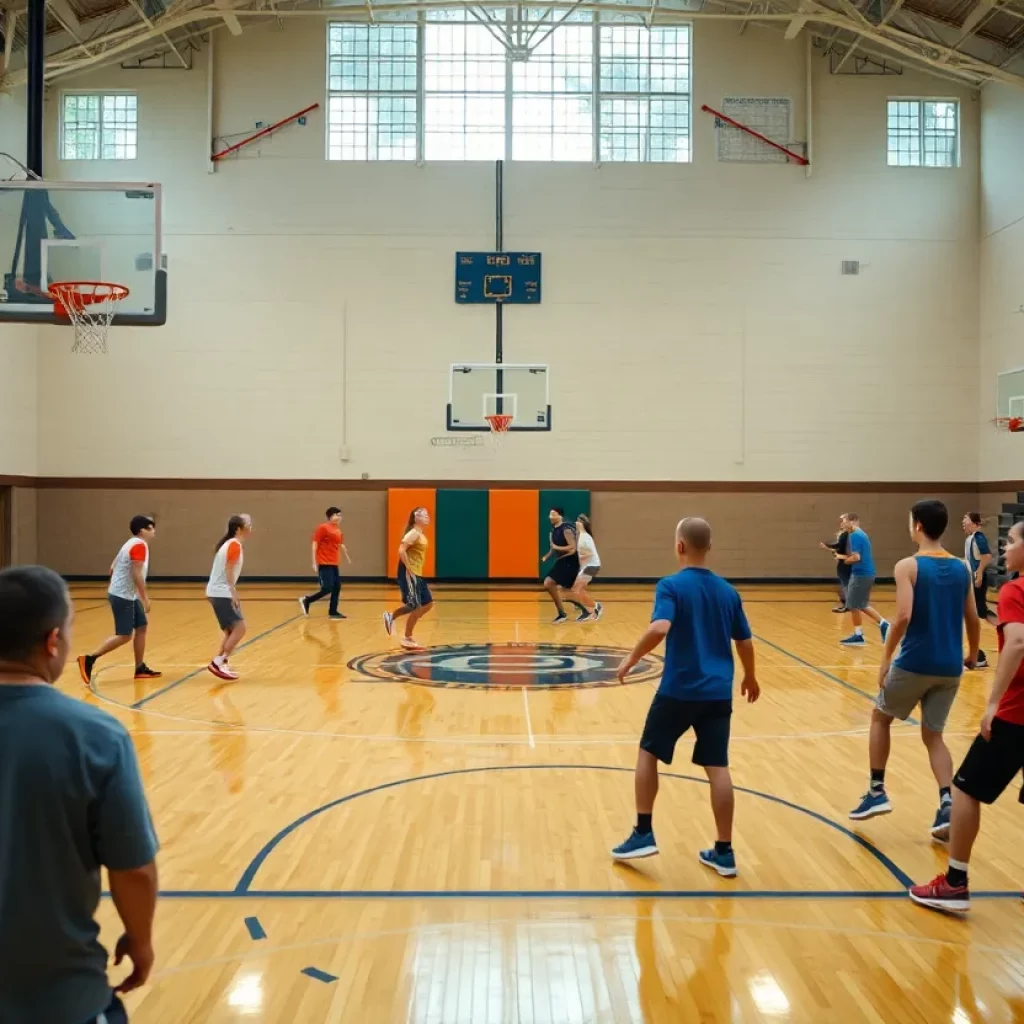 High school basketball gym scene with students practicing
