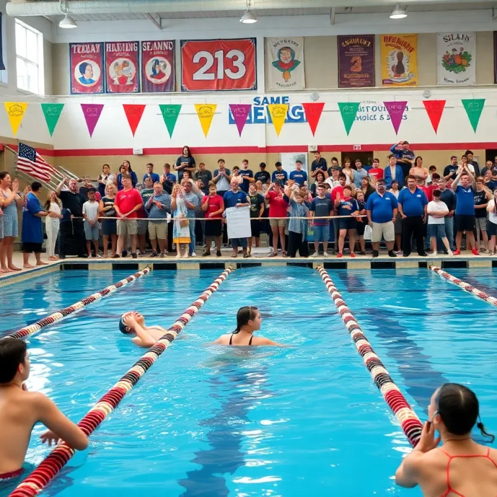 Celebration at Kingston High School swimming pool with athletes and coaches.