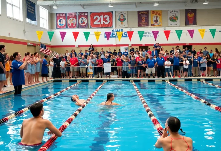 Celebration at Kingston High School swimming pool with athletes and coaches.