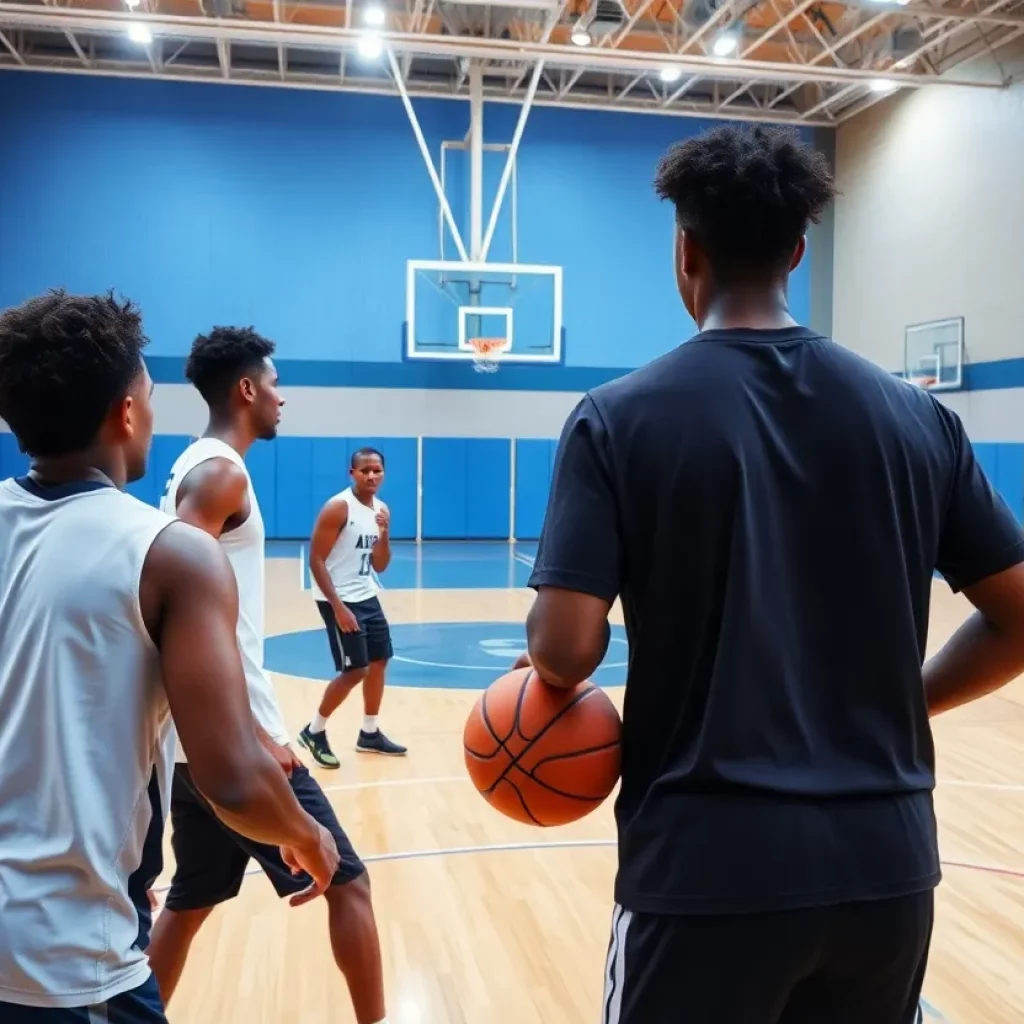 Kirtland Central boys basketball team practicing on the court