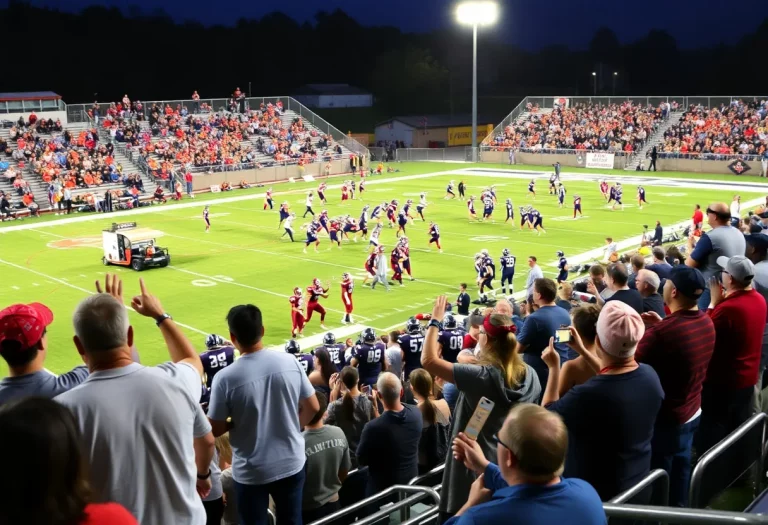 Fans cheering at a Knoxville high school football game.