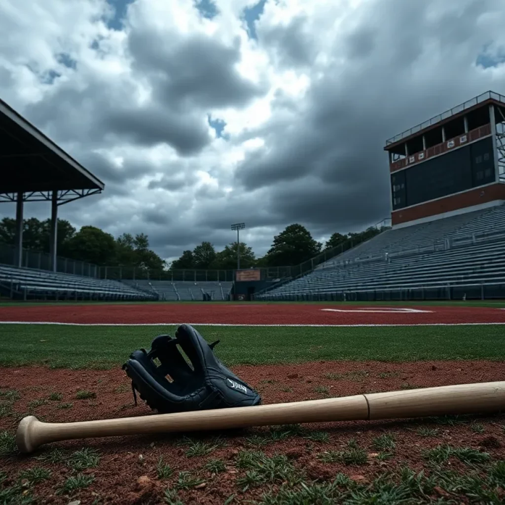 An empty high school baseball field with a baseball glove and bat on the ground.