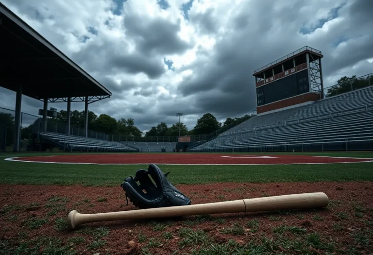 An empty high school baseball field with a baseball glove and bat on the ground.