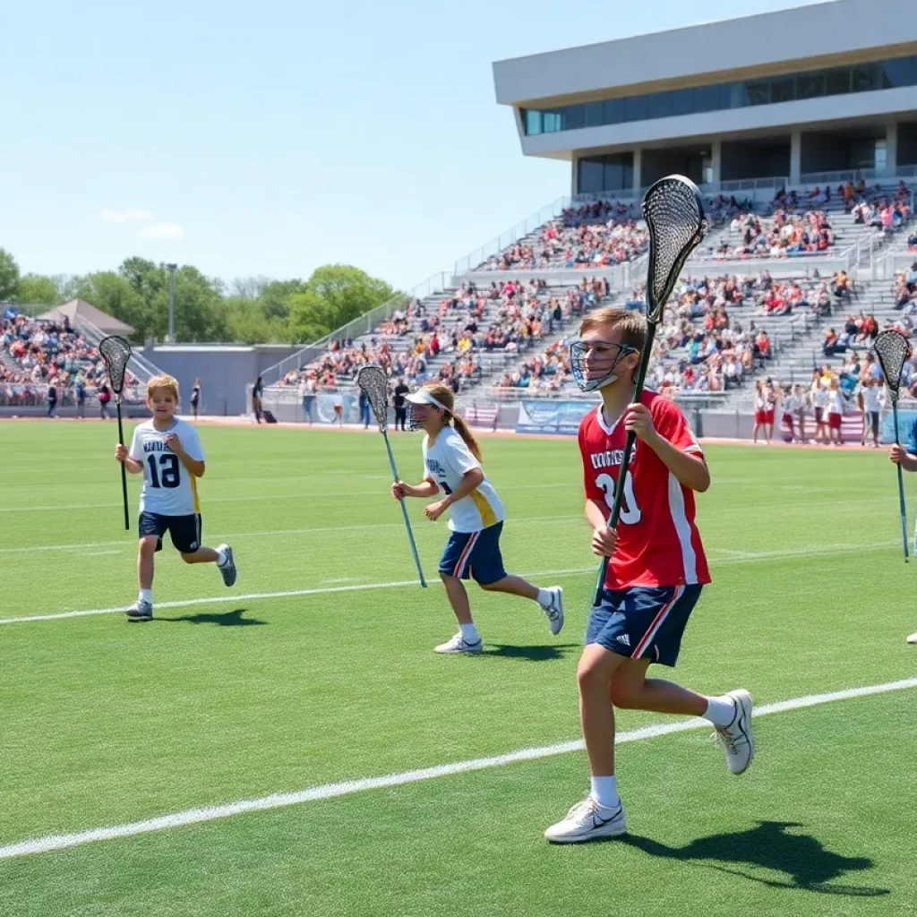 Young athletes practicing lacrosse on a sunny day in a competitive environment.