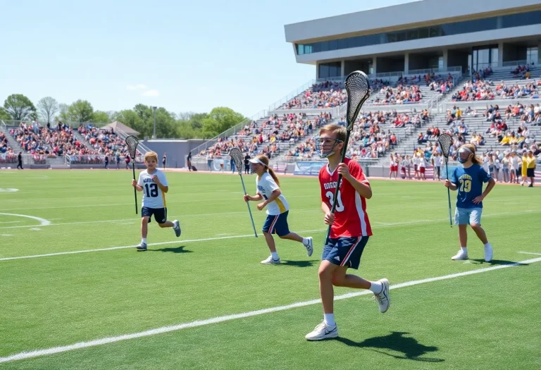 Young athletes practicing lacrosse on a sunny day in a competitive environment.