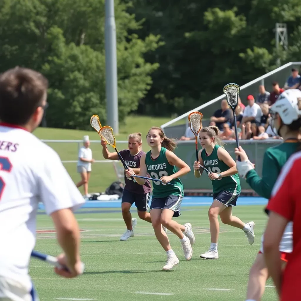 Young lacrosse players competing on the field