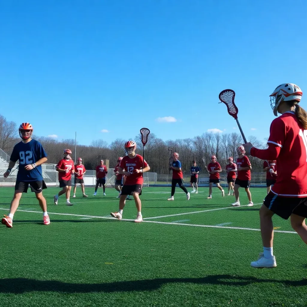 Lacrosse players practicing on the field