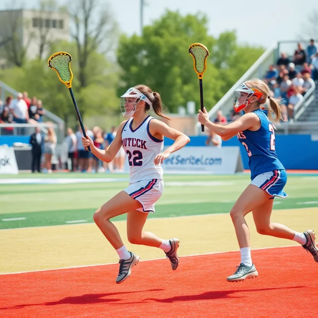 Twins playing lacrosse in a competitive match
