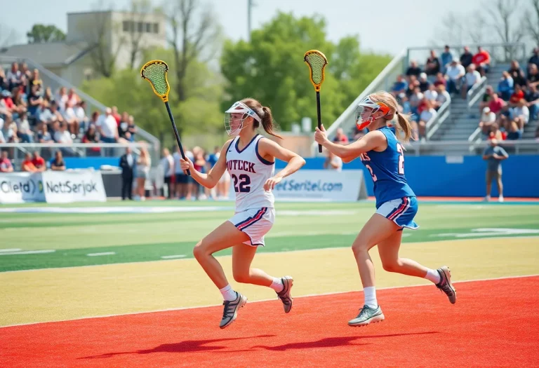 Twins playing lacrosse in a competitive match