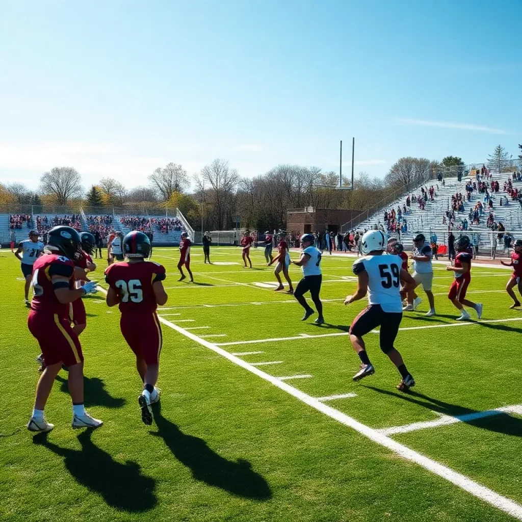 Players practicing on a high school football field in Las Vegas