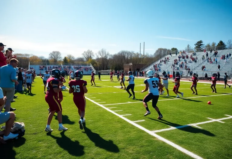 Players practicing on a high school football field in Las Vegas