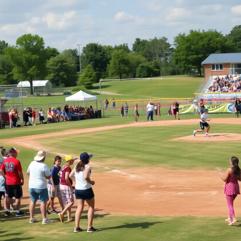 Crowd cheering at the Lawton Softball Festival with players in action.