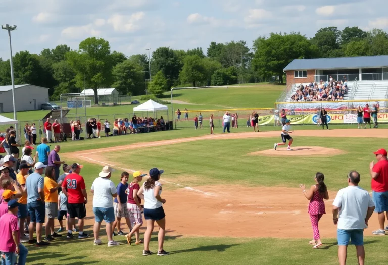 Crowd cheering at the Lawton Softball Festival with players in action.
