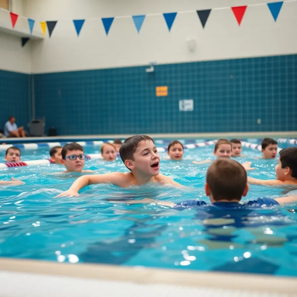 Swimming practice at Lyndon B. Johnson High School with a coach guiding young swimmers.