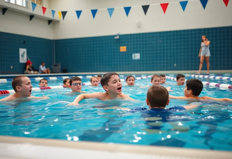 Swimming practice at Lyndon B. Johnson High School with a coach guiding young swimmers.