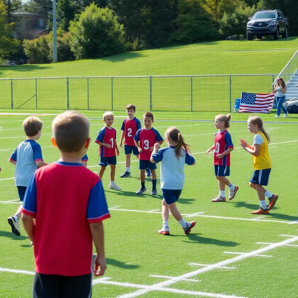 Coaches guiding young athletes in flag football and soccer practice at Lee-Scott Academy.