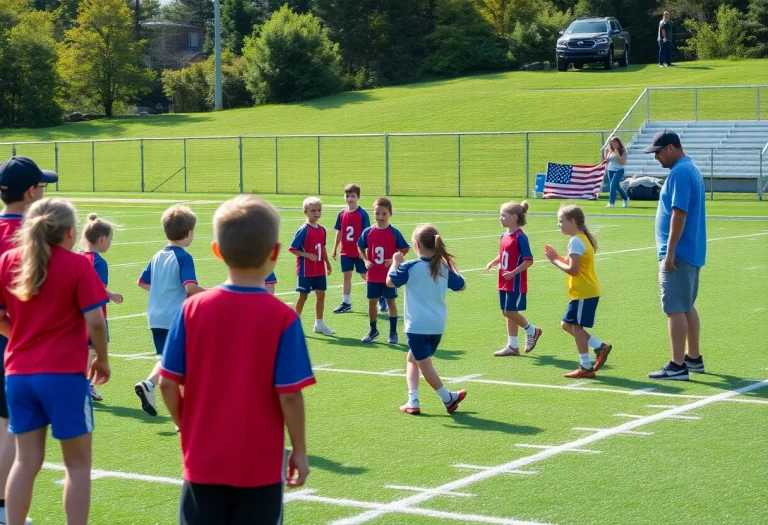 Coaches guiding young athletes in flag football and soccer practice at Lee-Scott Academy.