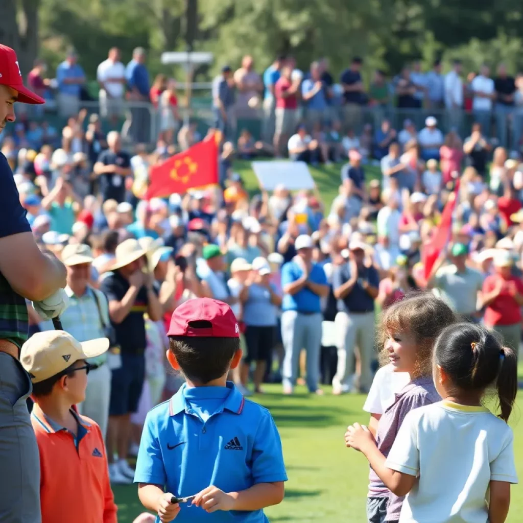 Golf tournament with a lively audience and professional golfers in action.