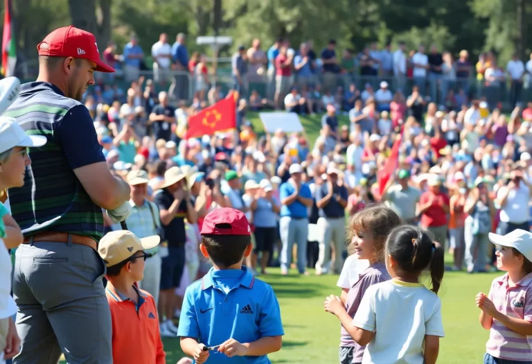 Golf tournament with a lively audience and professional golfers in action.
