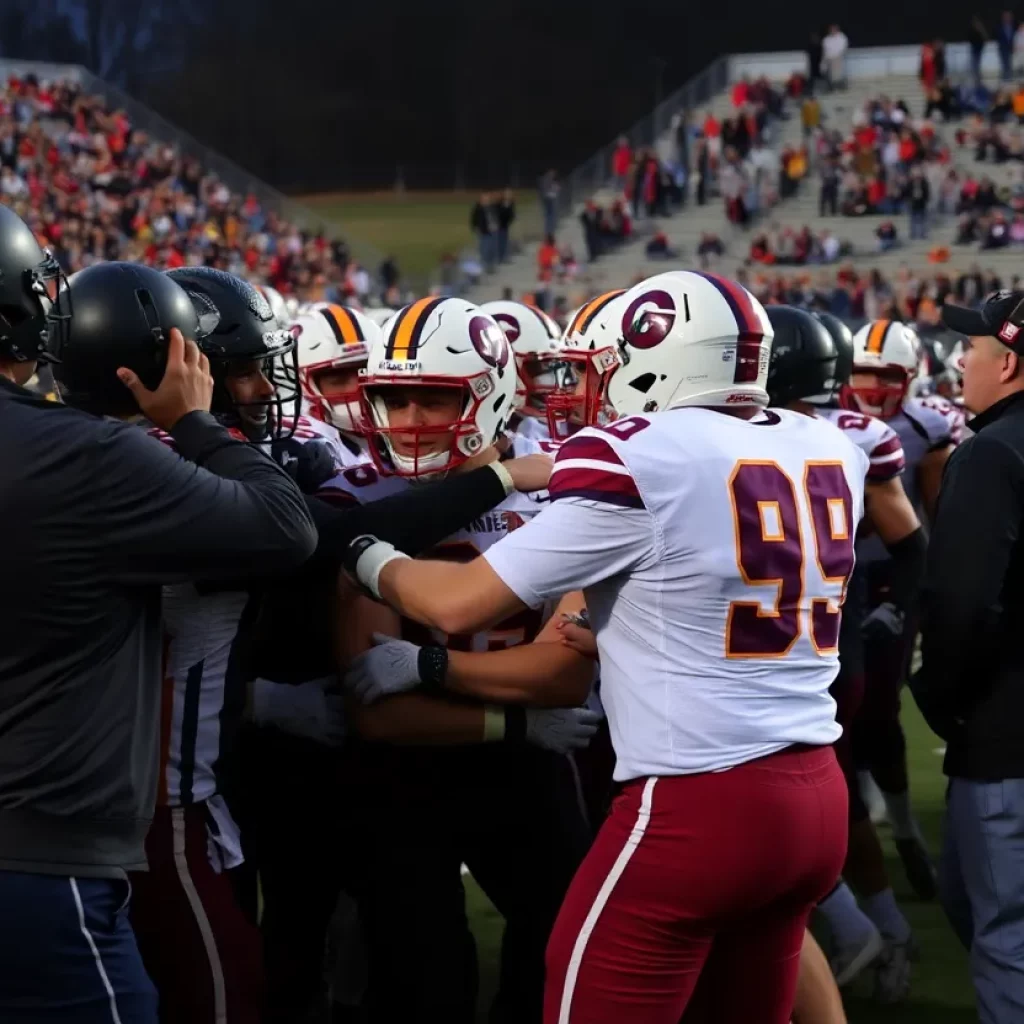 High school football players engaged in a sideline brawl on the field.