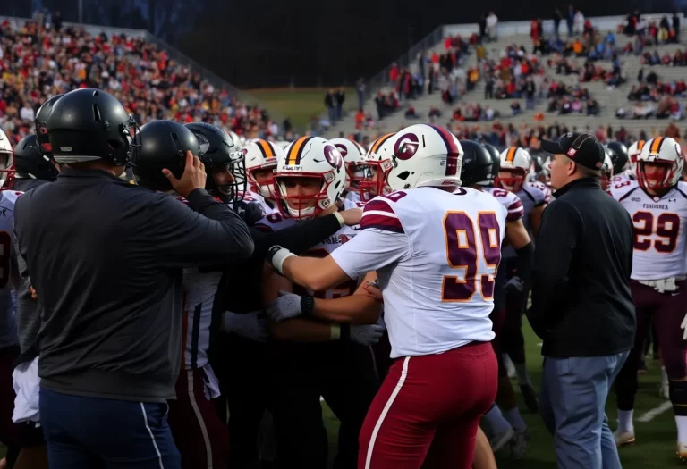 High school football players engaged in a sideline brawl on the field.