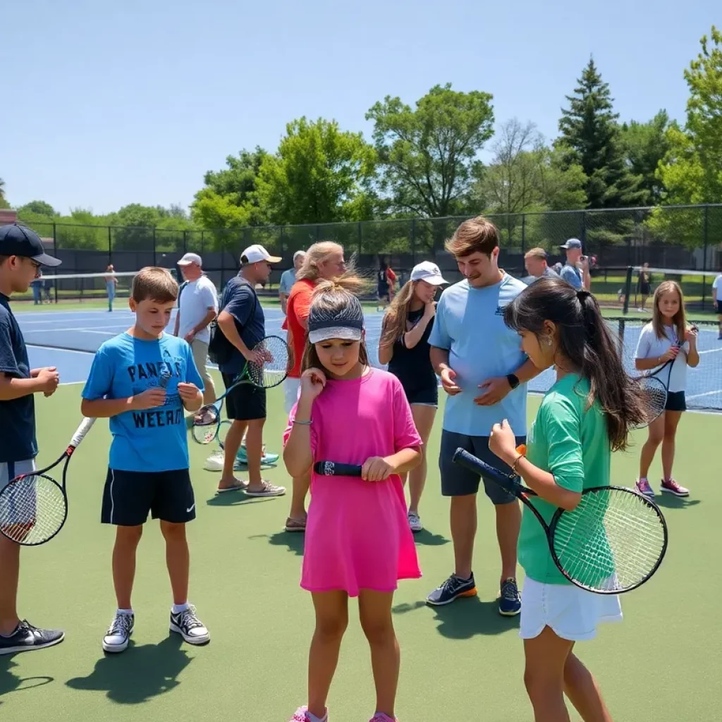 Participants trying tennis equipment at Lufkin Wilson Demo Day