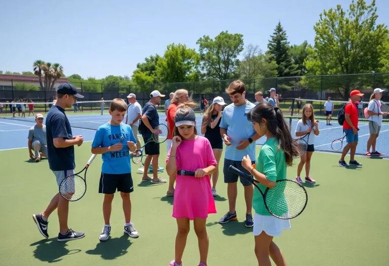 Participants trying tennis equipment at Lufkin Wilson Demo Day