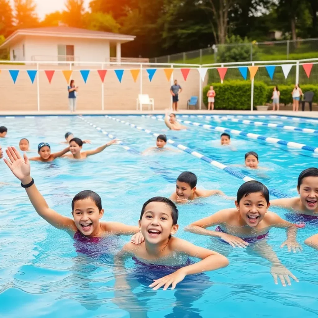 Community members at a swimming pool showing support for local swim teams