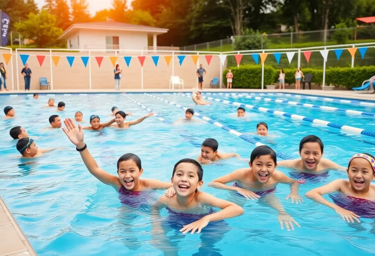 Community members at a swimming pool showing support for local swim teams