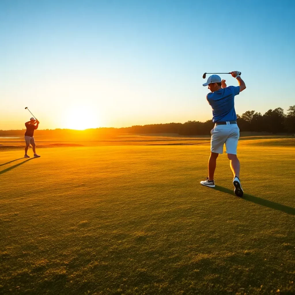 Young golfers practicing on a serene golf course.