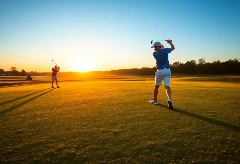 Young golfers practicing on a serene golf course.